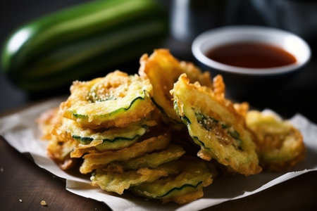 Zucchini fritters with sauce on a wooden table.の素材