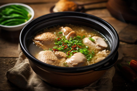 chicken soup in bowl on wooden table, chinese food styleの素材