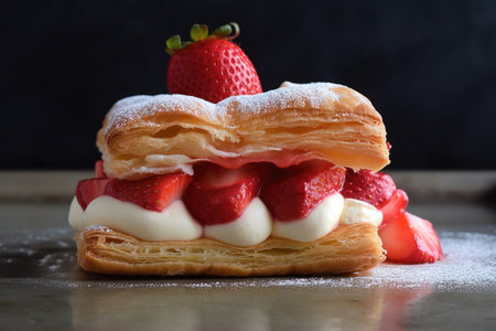 Strawberry puff pastry with whipped cream and fresh strawberries on topの素材