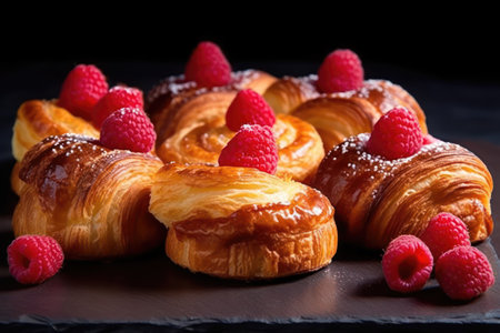 Freshly baked buns with raspberries on a black backgroundの素材