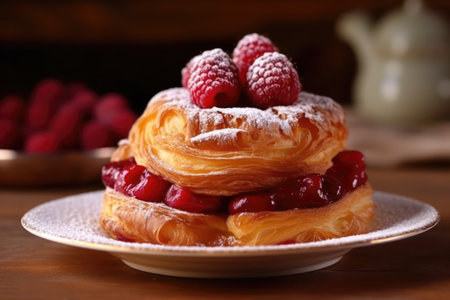 Raspberry puff pastry with powdered sugar and fresh raspberries.の素材