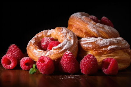Fresh raspberries and donuts with icing sugar on a black backgroundの素材