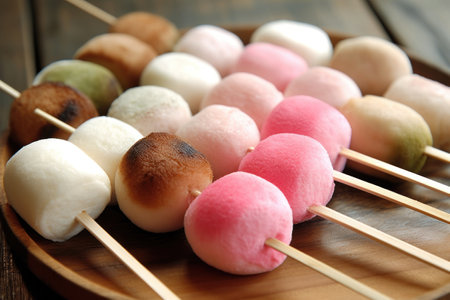 Colorful dumplings on wooden table, closeup. Traditional Chinese dessertの素材