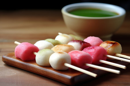 Mochi japanese dumplings on wooden plate and green teaの素材