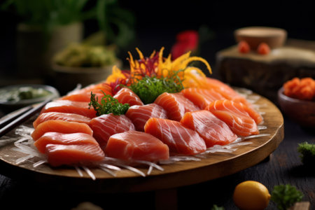 Salmon sashimi japanese food style on wooden backgroundの素材