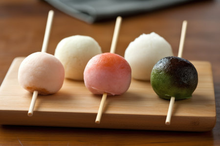 Colorful japanese dessert, Mochi on wooden plateの素材