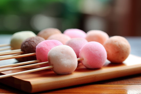 Mochi japanese dessert with bamboo stick on wooden plateの素材