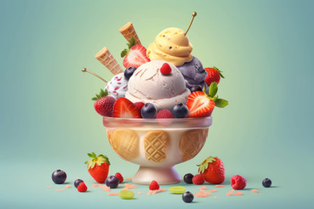 Ice cream with berries and waffle cone on blue background. 3d illustrationの素材