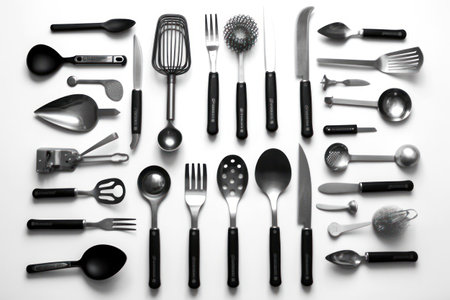 Set of kitchen utensils on white background. Top view.の素材