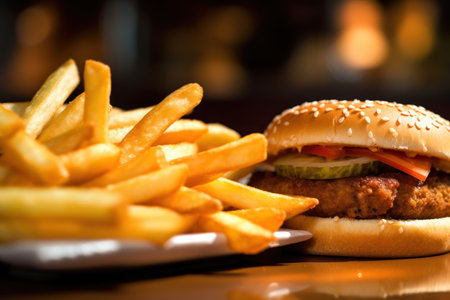 Closeup of hamburger and french fries on wooden table in restaurantの素材
