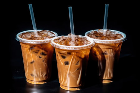 Iced coffee in plastic cups with straws on black background.の素材