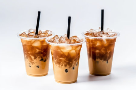 Iced coffee in plastic cup with black straw on white background.の素材