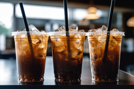 Iced coffee in plastic cup with straws on table in cafeの素材