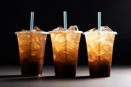 Iced tea in plastic cups with straws on a black backgroundの素材