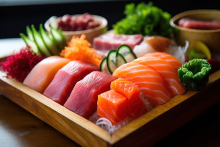 Sashimi set - japanese food style on wooden plateの素材