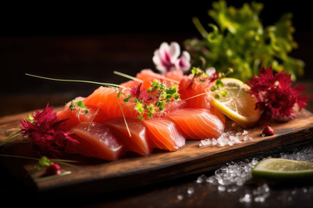 Salmon Sashimi - Raw Salmon Sashimi on wooden boardの素材
