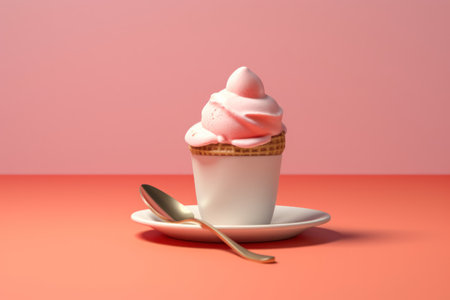 Cup of ice cream with spoon on pink background. 3d illustrationの素材