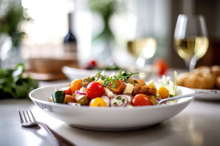 Vegetable salad on a white plate with a glass of white wineの素材