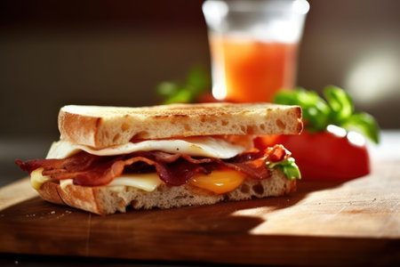 Sandwich with bacon, cheese and tomato on a wooden board.の素材