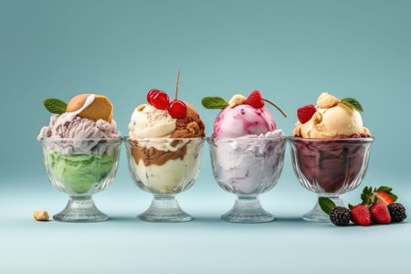 Ice cream scoops in glass bowls on blue background. Close upの素材