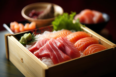 Sashimi set in a wooden box, japanese foodの素材
