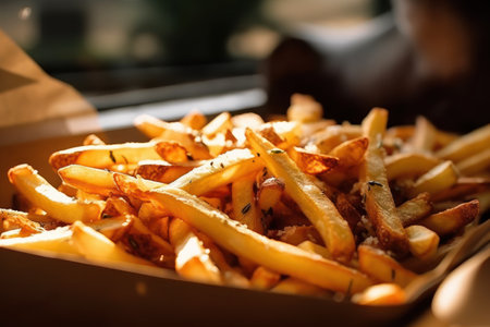 French fries in a box on the table. Selective focus.の素材