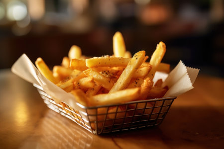 Golden French fries in a basket on a wooden table in a pubの素材