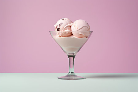 Ice cream in a martini glass on a pink background with copy spaceの素材