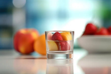 Glass of water with fruits on table in kitchen, closeup viewの素材