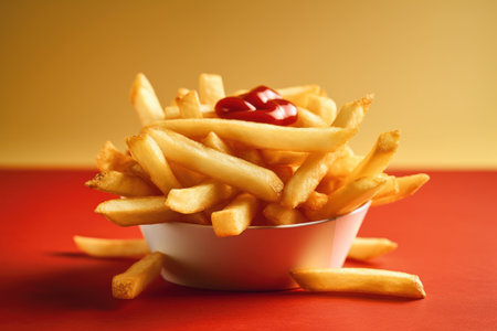 French fries in a bowl with ketchup on red and yellow backgroundの素材