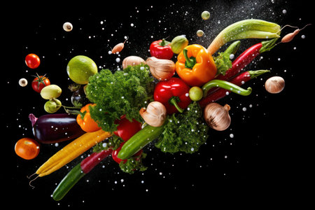 Fresh vegetables falling on black background with splashes and drops of waterの素材
