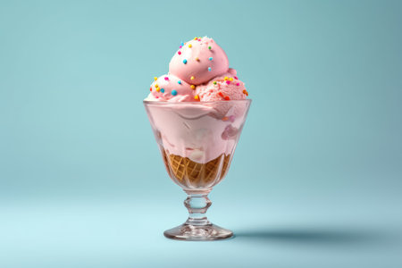 Ice cream in a glass vase on a blue background with copy spaceの素材