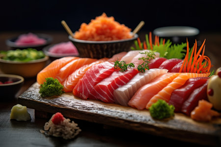 Sashimi set with salmon, tuna, salmon, tuna, shrimp and other fishの素材