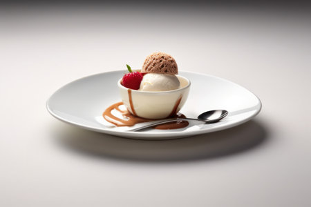 Chocolate ice cream with fresh strawberry and chocolate syrup on white plateの素材