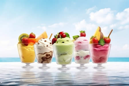 Fruit ice cream in glass cup on swimming pool with sea backgroundの素材