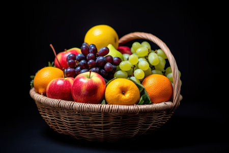 Fruits in a basket on a black background. Healthy food.の素材