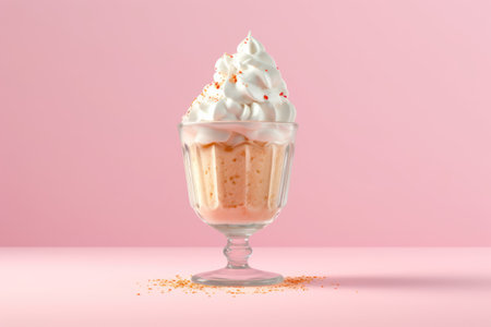 Ice cream with whipped cream in a glass on a pink background.の素材