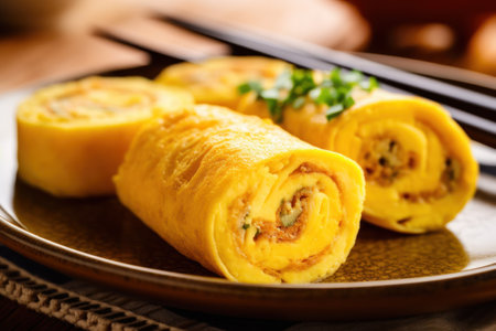 Rolled omelet stuffed with ham and cheese on a plateの素材