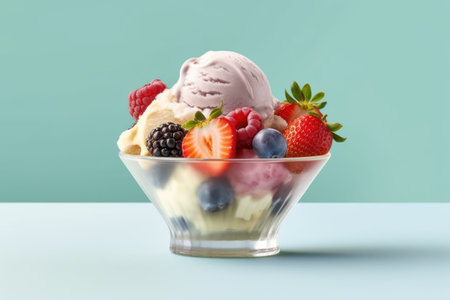ice cream with fresh berries in glass bowl on blue and green backgroundの素材