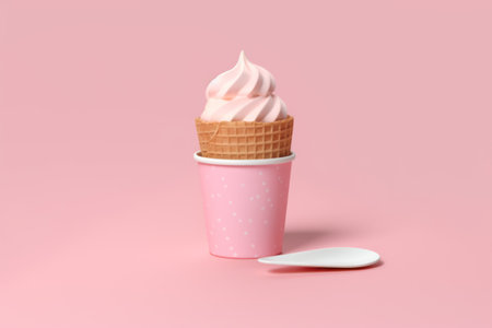 Ice cream in a waffle cup on pink background. 3d renderingの素材