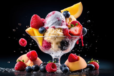 Fruit ice cream with fresh berries and splashes on black backgroundの素材