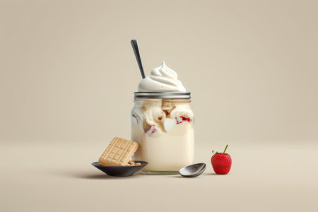 Strawberry yogurt with whipped cream in a glass jar on a beige backgroundの素材
