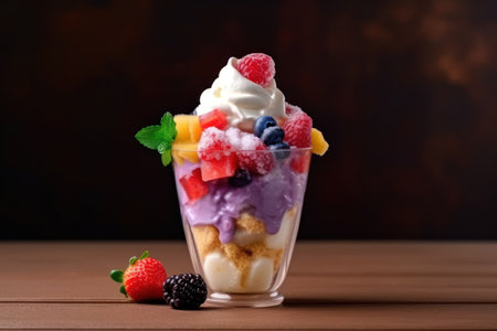 ice cream with fruits and berries in glass on wooden table. Selective focusの素材