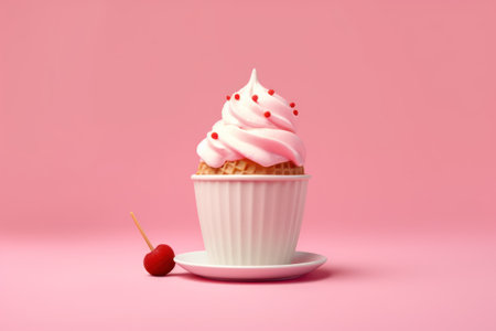 Cupcake with cherry on pink background. Minimal style.の素材
