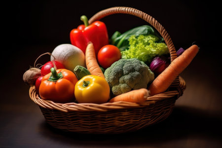Fresh vegetables in a basket on wooden background. Selective focus.の素材