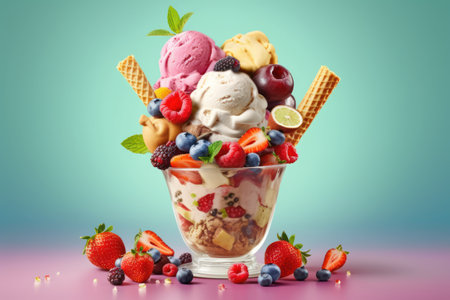 ice cream in a glass bowl with fruits and berries on a blue backgroundの素材