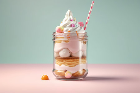 Cake in a jar with a straw on a pastel backgroundの素材