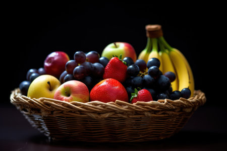 Fresh fruits in a basket on a black background. Selective focus.の素材