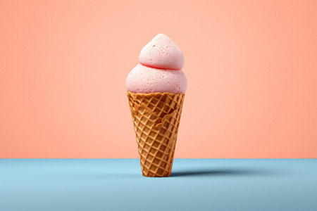 Pink ice cream in waffle cone on blue and pink background.の素材