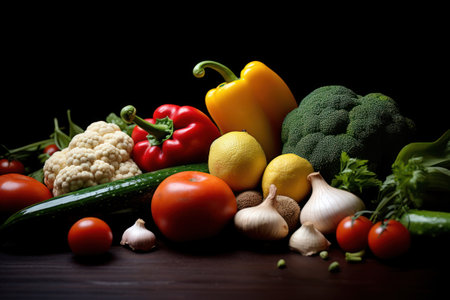 Composition with variety of raw organic vegetables on wooden table. Balanced dietの素材